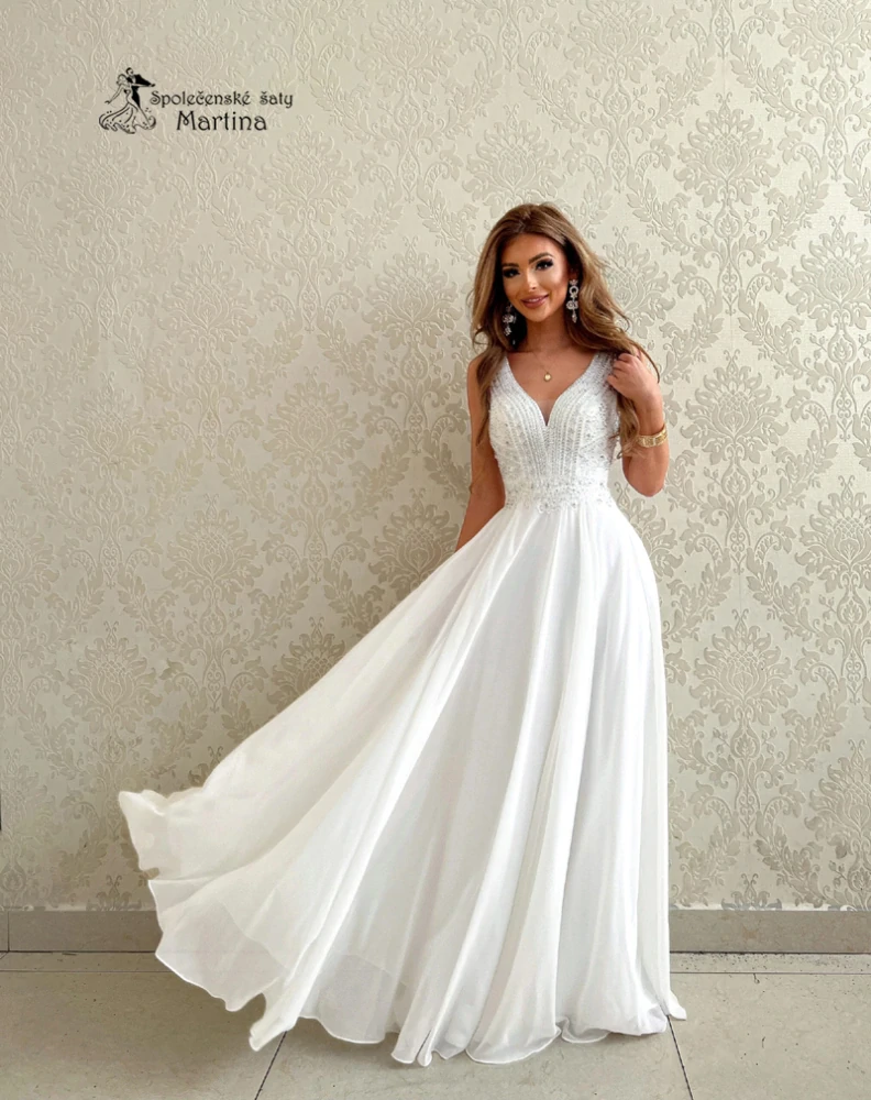 Bílé krásně zdobené svatební šaty či na věneček "Campari" - vel. 36