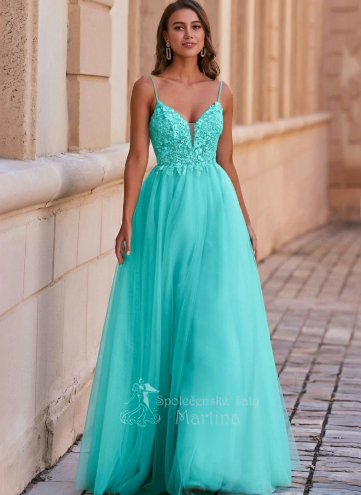 Mintové tylové společenské šaty "Ophelia" s vyšívaným živůtkem a hlubokým výstřihem