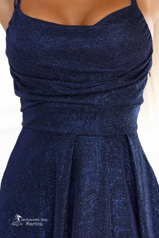 Tmavě modré brokátové společenské šaty "Harley" s rozparkem a spadlým výstřihem - vel. S