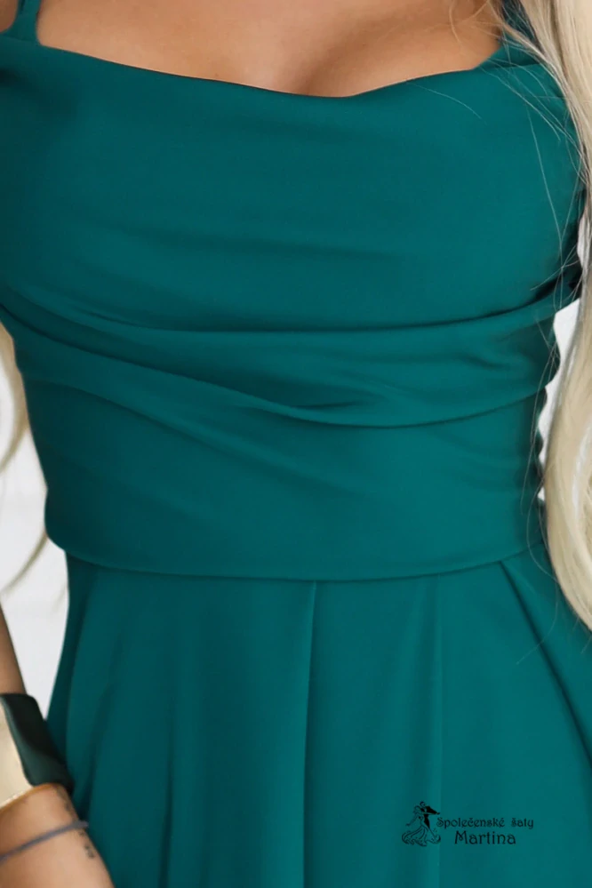 Smaragdové hladké společenské šaty "Harley" s rozparkem a spadlým výstřihem