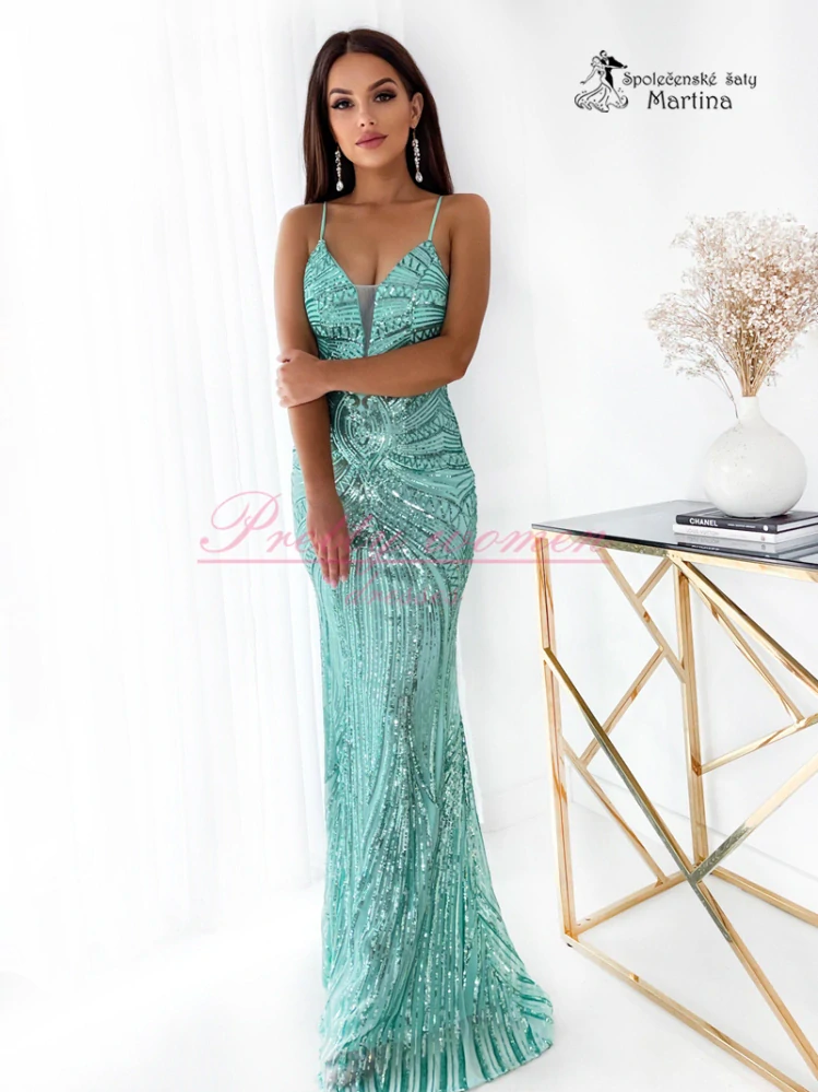 Mintové celoflitrové bodycon luxusní šaty "Yellow" s korálky na zádech