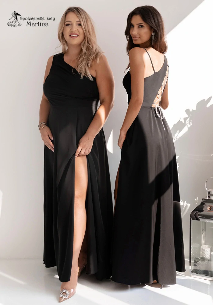 Černé společenské šaty "Monako" na jedno rameno a šněrováním na zádech