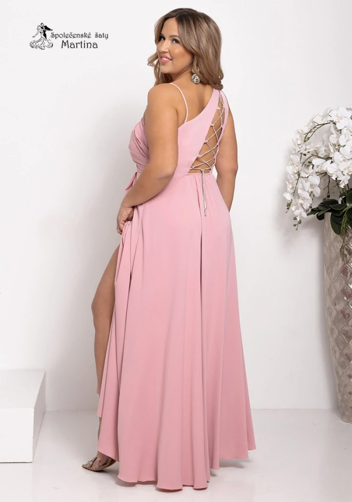 Pudrově růžové společenské šaty "Monako" na jedno rameno a šněrováním na zádech