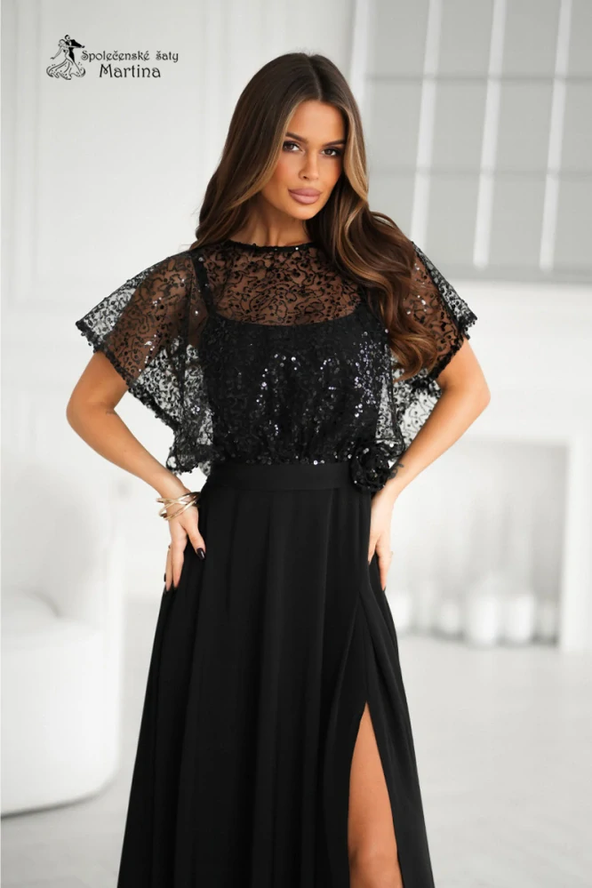 Černé společenské šaty "Phoenix" s flitrovým živůtkem a rozparkem - vel. 42