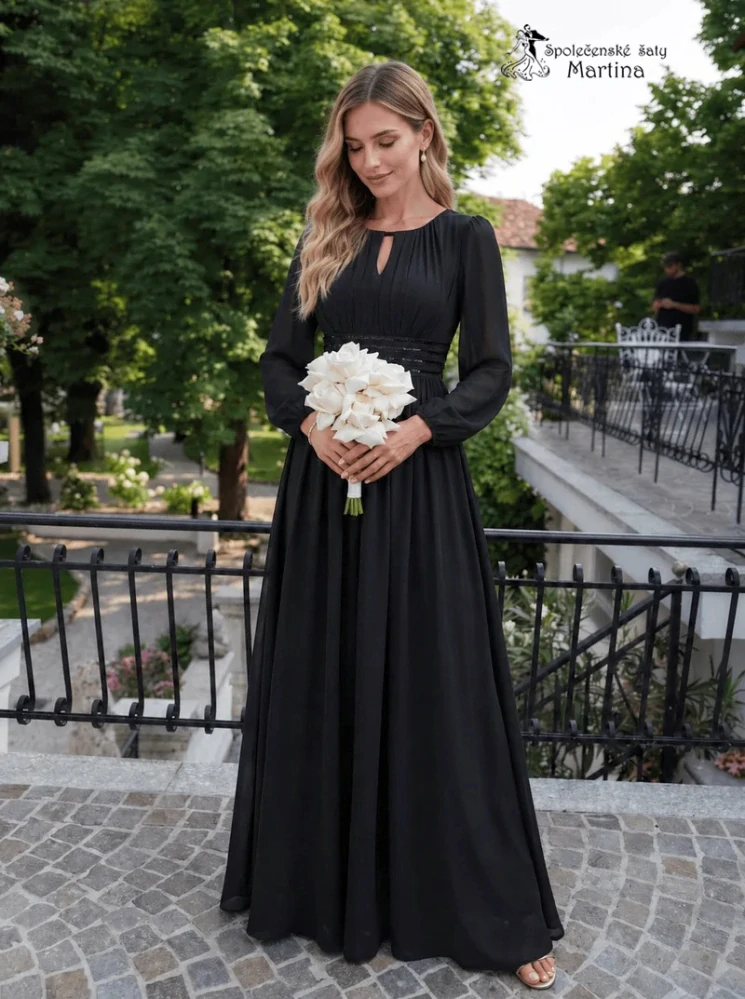 Černé plus size šifonové společenské šaty "Dorothy“ s flitrovým pasem a dlouhými rukávy