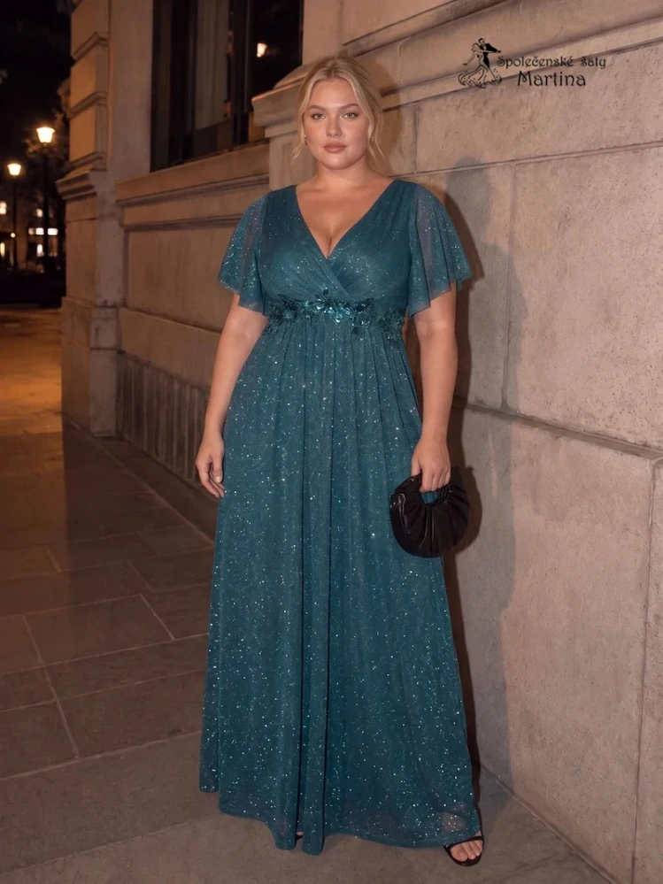Petrolejové plus size společenské šaty "Noelle" s třpytivou sukní a volnými rukávy