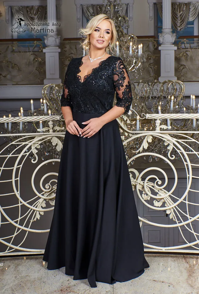 Černé dlouhé společenské šaty "Roxy" s 3/4 rukávem 