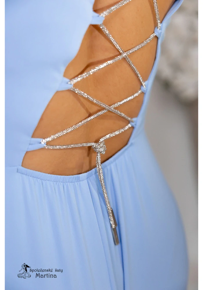 Světle modré společenské šaty "Monako" na jedno rameno a šněrováním na zádech - vel. 38