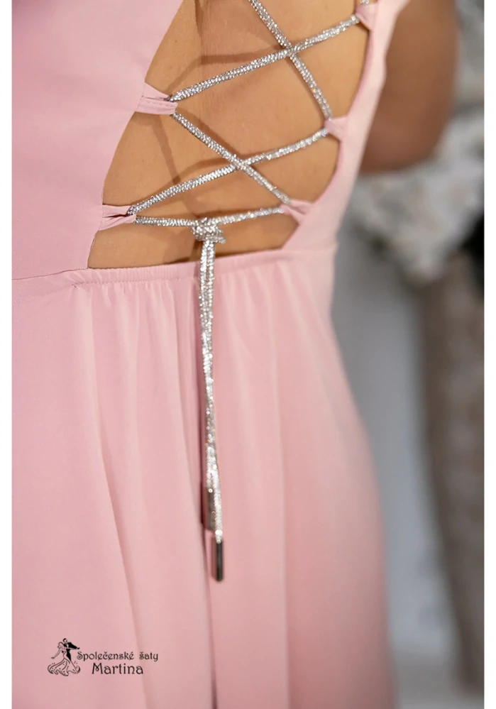 Pudrově růžové společenské šaty "Monako" na jedno rameno a šněrováním na zádech