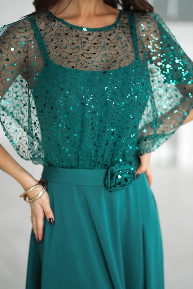 Lahvově zelené společenské šaty "Phoenix" s flitrovým živůtkem a rozparkem