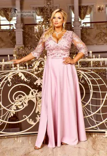 Pastel pink dlouhé společenské šaty "Roxy" s 3/4 rukávem - vel. 38