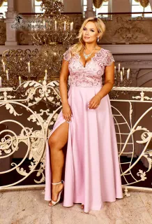 Pastel pink dlouhé společenské šaty "Roxy" s krátkým rukávkem - vel. 54