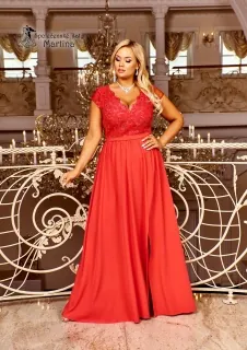 Světle červené dlouhé společenské šaty "Chantell" s krátkým rukávkem - vel. 38
