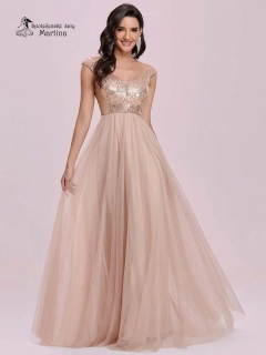 Champagne / béžové dlouhé šaty “Jordyn” s flitrovým živůtkem - vel. 44