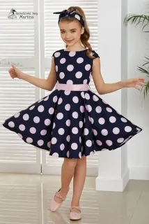 Tmavě modré retro šaty s růžovými puntíky "Marabella" - vel. 110
