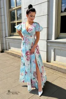 Dlouhé světle modré květované šaty "Lucy" s volnými rukávy - vel. 36