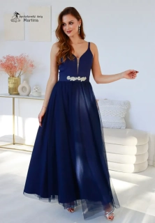 Dlouhé tmavě modré tylové společenské šaty "Babydoll" - vel. 36