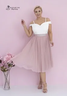 Midi bílo-starorůžové šaty pro svatebního hosta či družičku "Daisy" se spadenými ramínky - vel. 42
