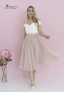 Midi bílo-cappucinové šaty pro svatebního hosta či družičku "Daisy" se spadenými ramínky - vel. 46
