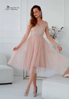 Midi starorůžové šaty pro svatebního hosta či družičku "Daisy" se spadenými ramínky - vel. 44