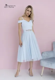 Midi světle modré šaty pro svatebního hosta či družičku "Daisy" se spadenými ramínky - vel. 46
