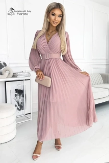 Pudrově růžové dlouhé plisované šaty pro svatebního hosta "Moyra" s dlouhým rukávem - vel. UNI