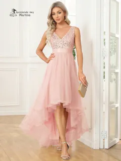 Světle růžové asymetrické tylové společenské šaty "Leslie" s flitrovým živůtkem - vel. 34