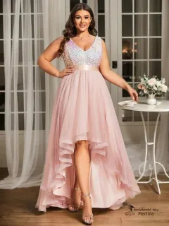 Světle růžové asymetrické tylové společenské šaty "Leslie" s flitrovým živůtkem - vel. 54