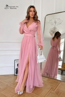 Růžové tylové společenské šaty “Alisha” s dlouhými rukávy - vel. 36
