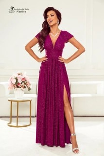 Fialové třpytivé společenské šaty "Gabriela" s výstřihem do "V", rukávkem a rozparkem