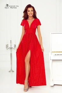 Červené třpytivé společenské šaty "Gabriela" s výstřihem do "V", rukávkem a rozparkem