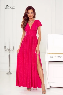 Fuchsiové třpytivé společenské šaty "Gabriela" s výstřihem do "V", rukávkem a rozparkem