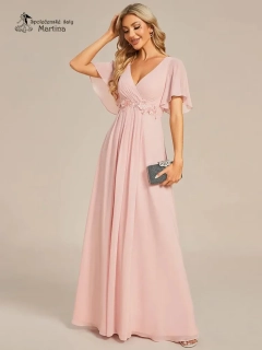 Růžové šifonové šaty "Pandora" s volným rukávem a aplikací v pase - vel. 34