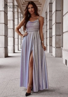 Světle modro-růžové brokátové společenské šaty "Valeria" s výstřihem "voda" - vel. 32