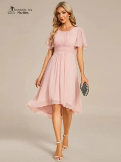Jednoduché růžové šifonové šaty po kolena "Lola" s krátkým rukávem - vel. 42