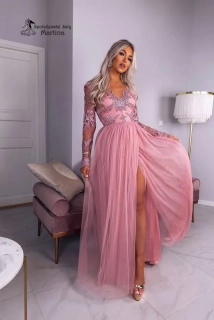 Růžové šaty "Adel" s jemnou tylovou sukní a krajkovými rukávy - vel. 42