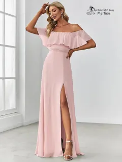 Světle růžové šaty pro družičky "Alma" se spadenými rukávy - vel. 42