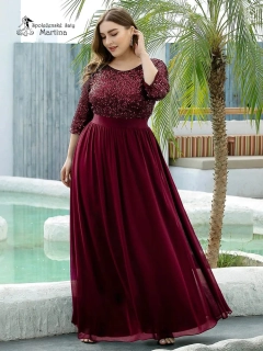 Vínové společenské šaty "Piper XXL" s 3/4 rukávy a s flitrovým živůtkem