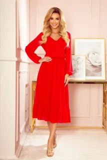 Červené midi šaty "Deborah" s dlouhými rukávy 