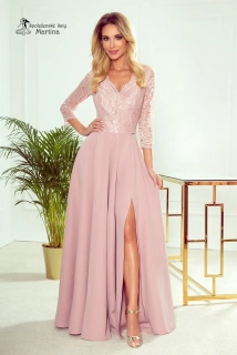 Dlouhé pudrově růžové šaty "Amber"s krajkovým živůtkem a 3/4 rukávy