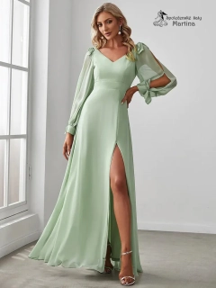 Zelenkavé společenské šaty "Allison" s dlouhými rukávy