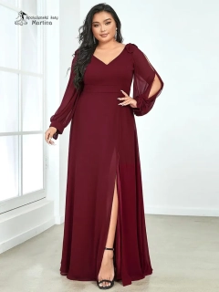 Vínové společenské šaty "Allison XXL" s dlouhými rukávy
