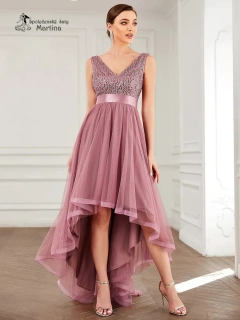 Starorůžové asymetrické tylové společenské šaty "Leslie" s flitrovým živůtkem