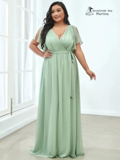 Pistáciové společenské plus size šaty či pro svatebního hosta "Katherine" s volnými rukávy