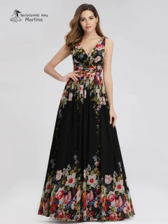 Černé dlouhé šaty s potiskem květin na široká ramínka "Maggie"