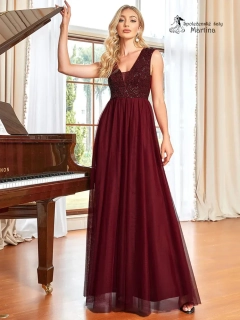 Vínové tylové šaty "Kaety" s flitrovým živůtkem a širokými ramínky