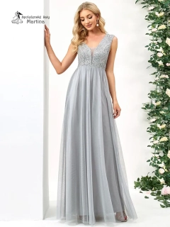 Šedé tylové šaty "Kaety" s flitrovým živůtkem a širokými ramínky