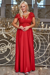 Červené dlouhé brokátové šaty "Carmen" s krátkým rukávem