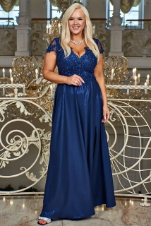 Tmavě modré dlouhé brokátové šaty "Carmen" s krátkým rukávem