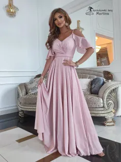 Pudrově růžové šaty "Moly" se spadenými rukávy a kolovou sukní - vel. 40